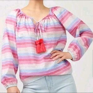 J. Crew Multicolor Striped Boho Peasant Blouse Top Metallic With Tassels Sz XS